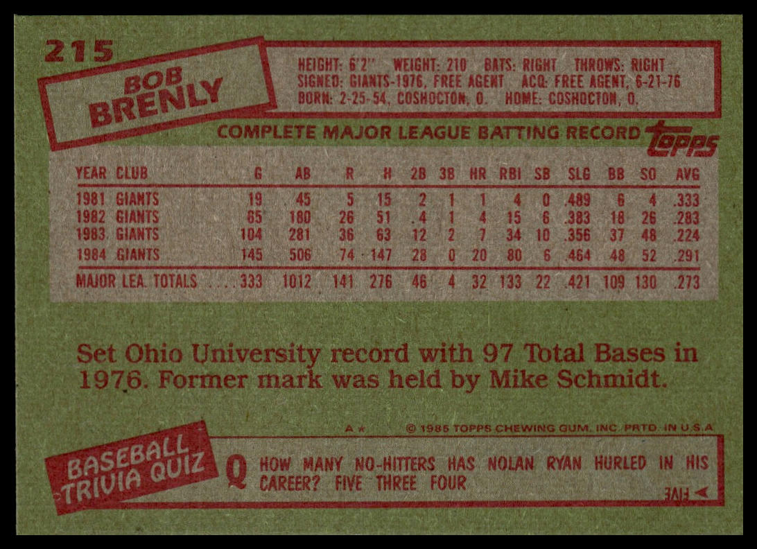 1985 Topps #215 Bob Brenly