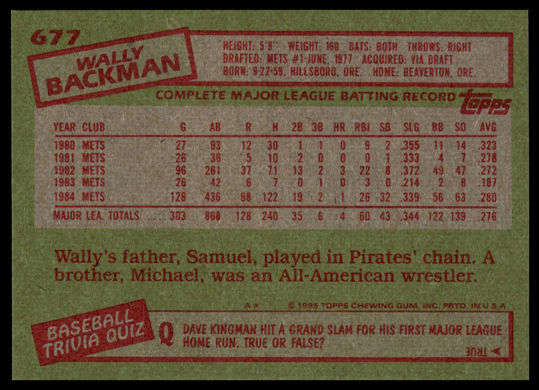 1985 Topps #677 Wally Backman