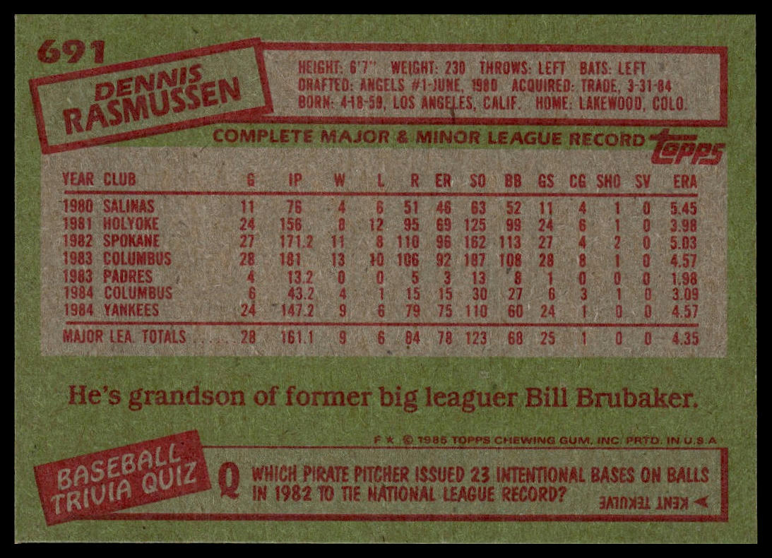 1985 Topps #691 Dennis Rasmussen