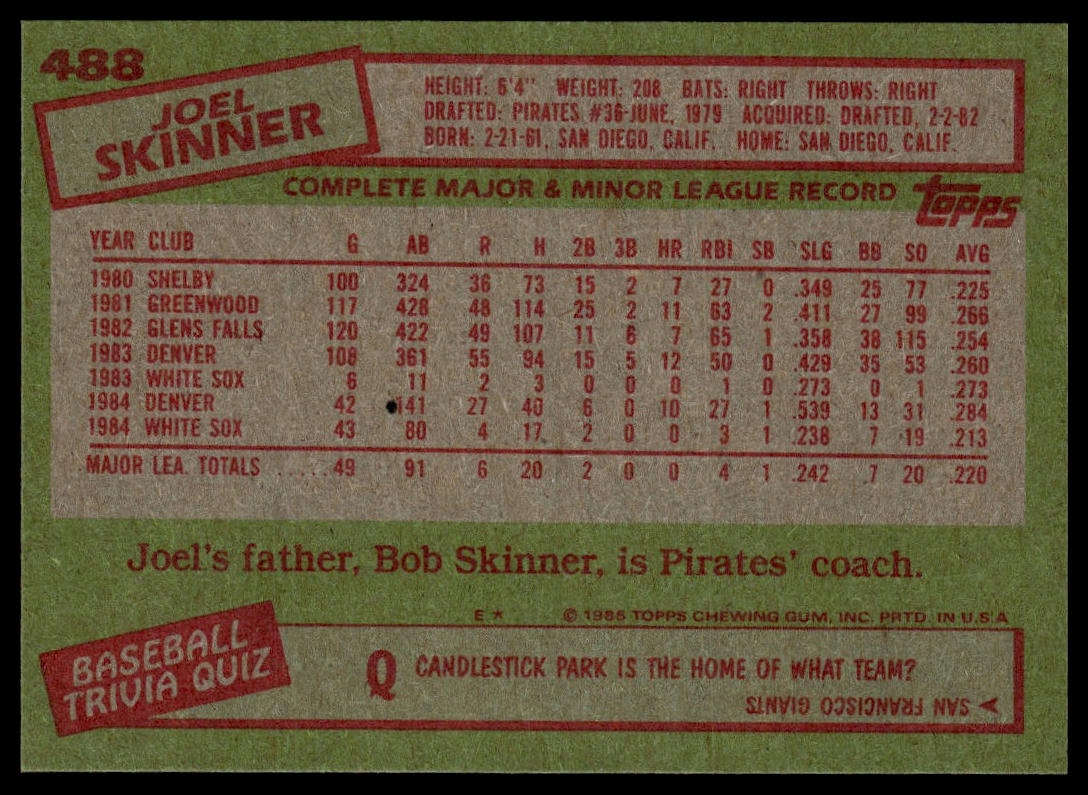 1985 Topps #488 Joel Skinner
