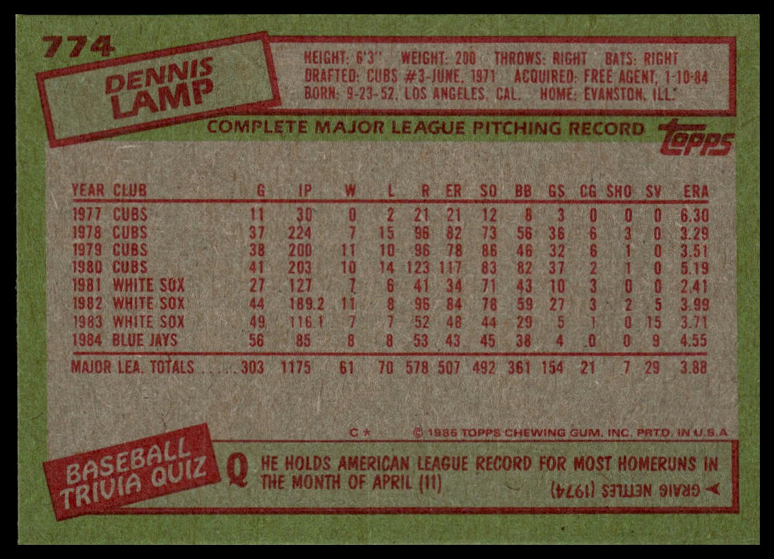1985 Topps #774 Dennis Lamp