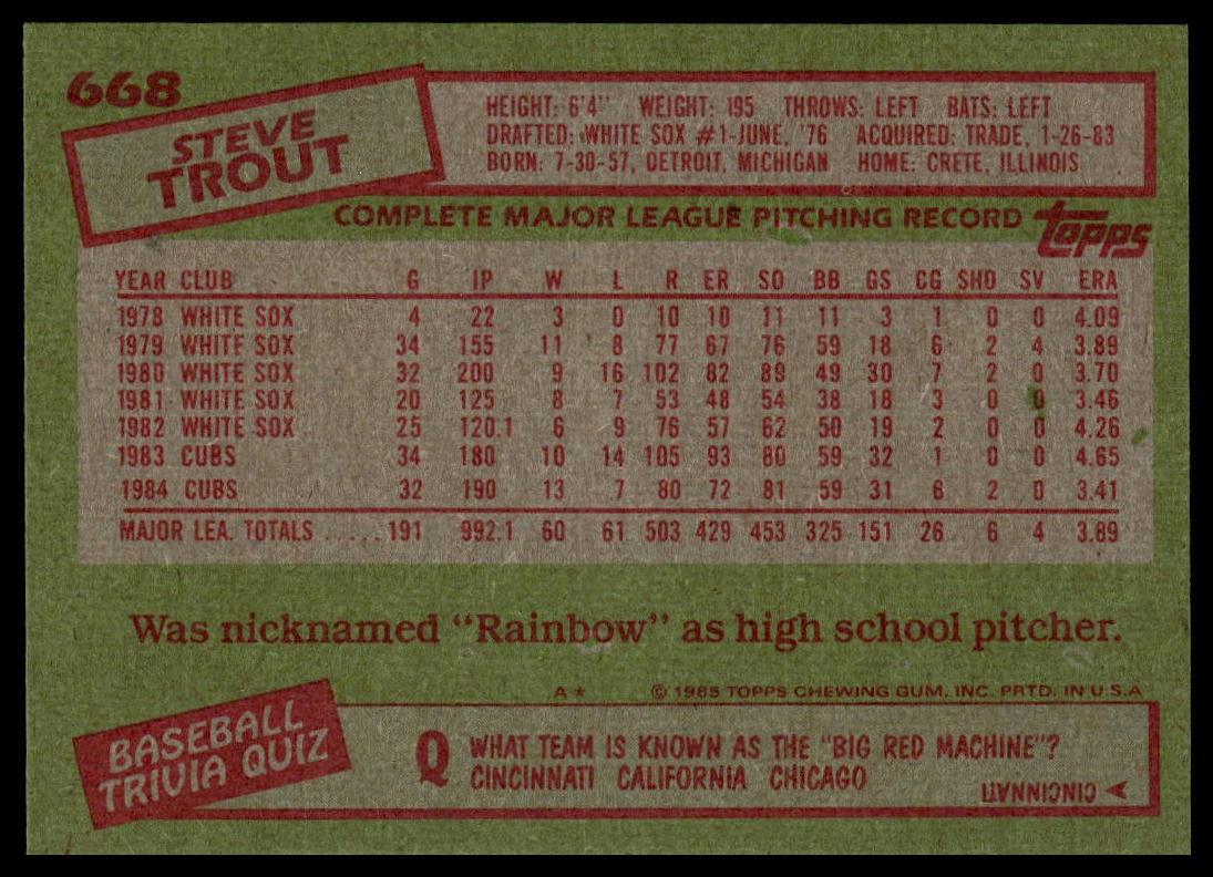 1985 Topps #668 Steve Trout