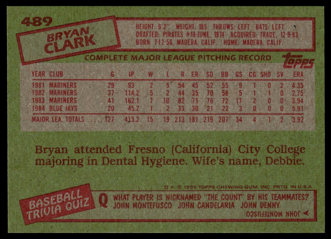 1985 Topps #489 Bryan Clark