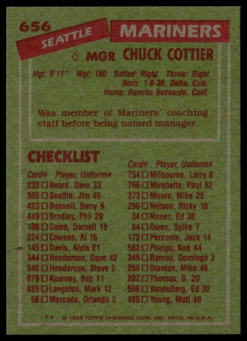 1985 Topps #656 Chuck Cottier