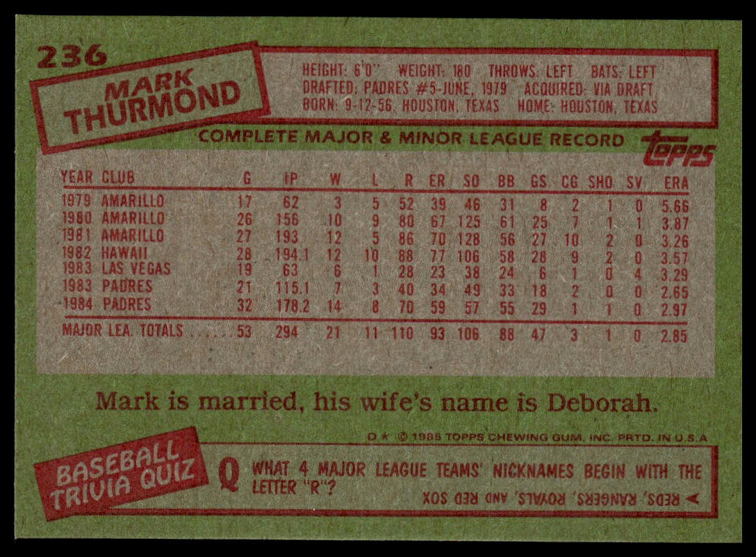 1985 Topps #236 Mark Thurmond