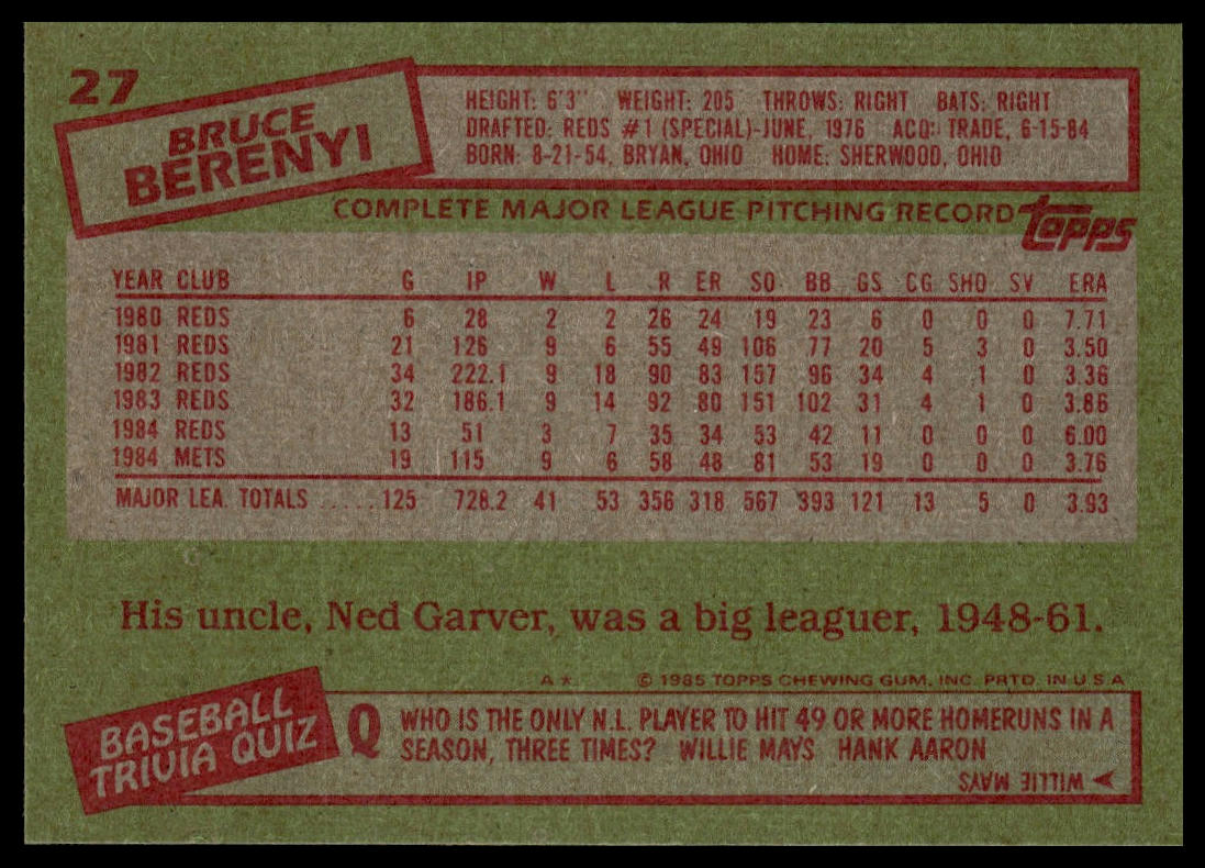 1985 Topps #27 Bruce Berenyi
