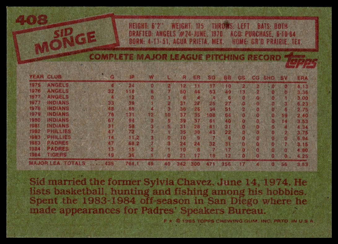 1985 Topps #408 Sid Monge