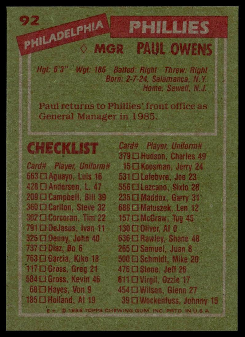 1985 Topps #92 Paul Owens