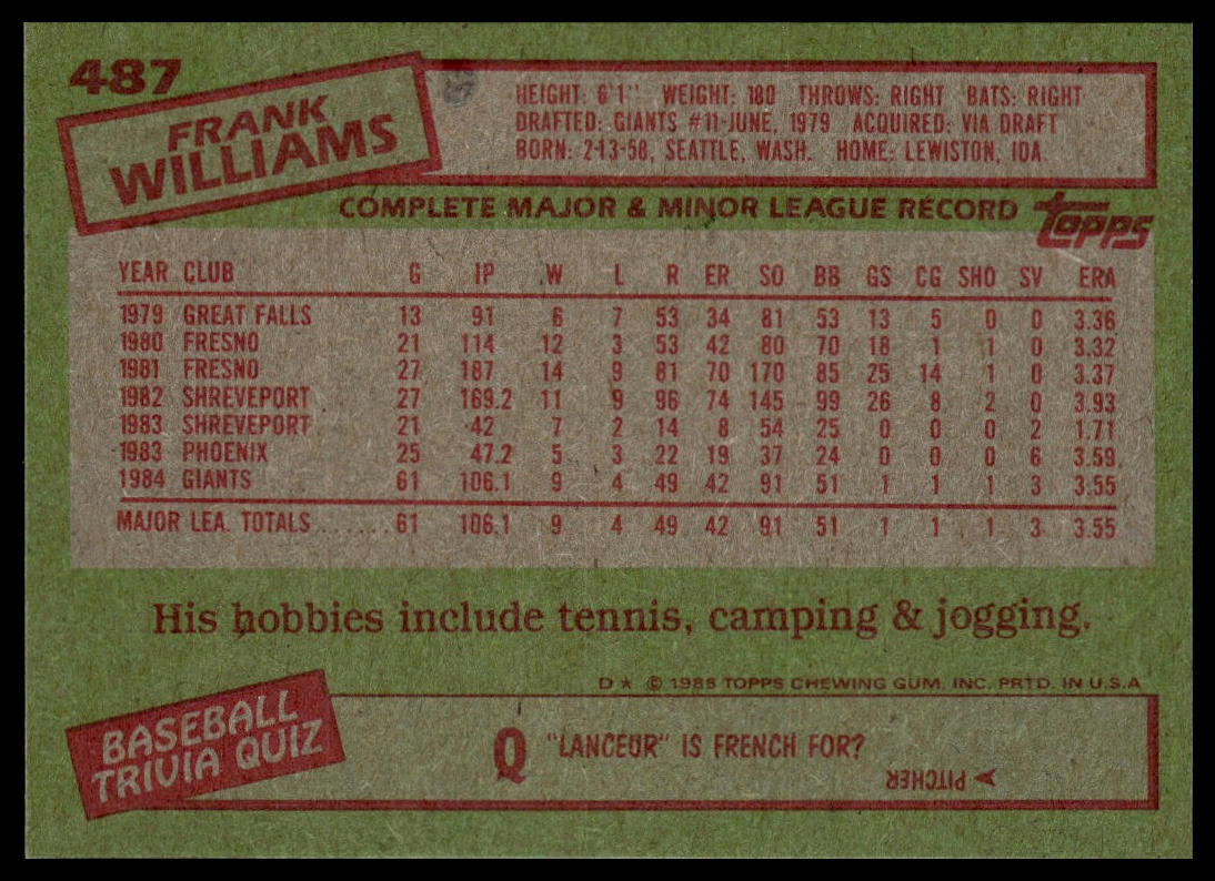 1985 Topps #487 Frank Williams