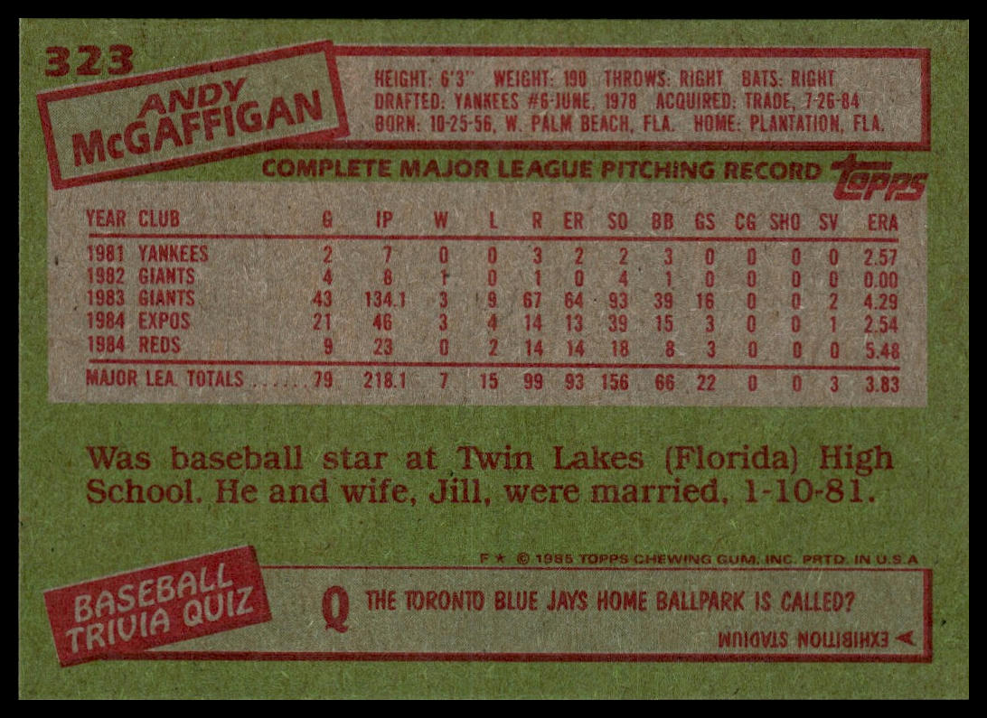 1985 Topps #323 Andy McGaffigan