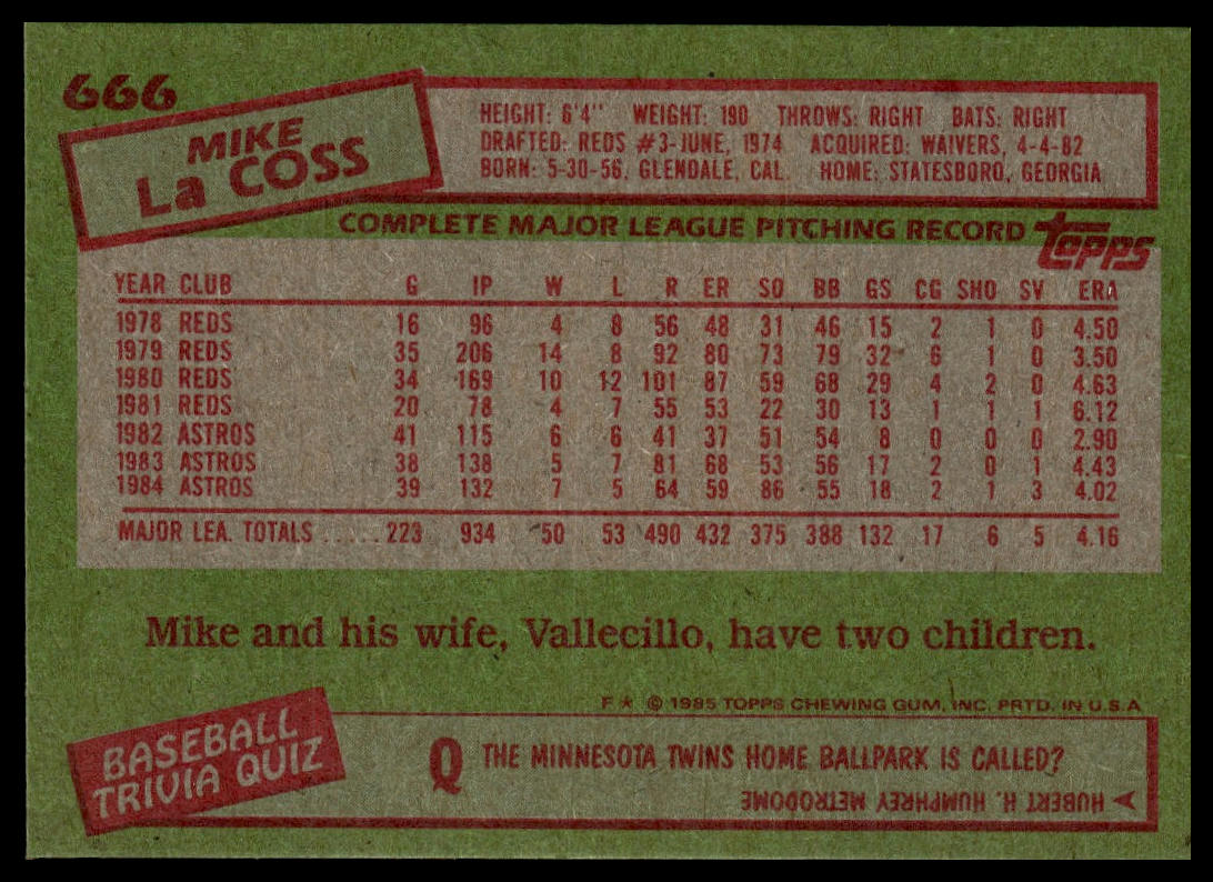 1985 Topps #666 Mike LaCoss
