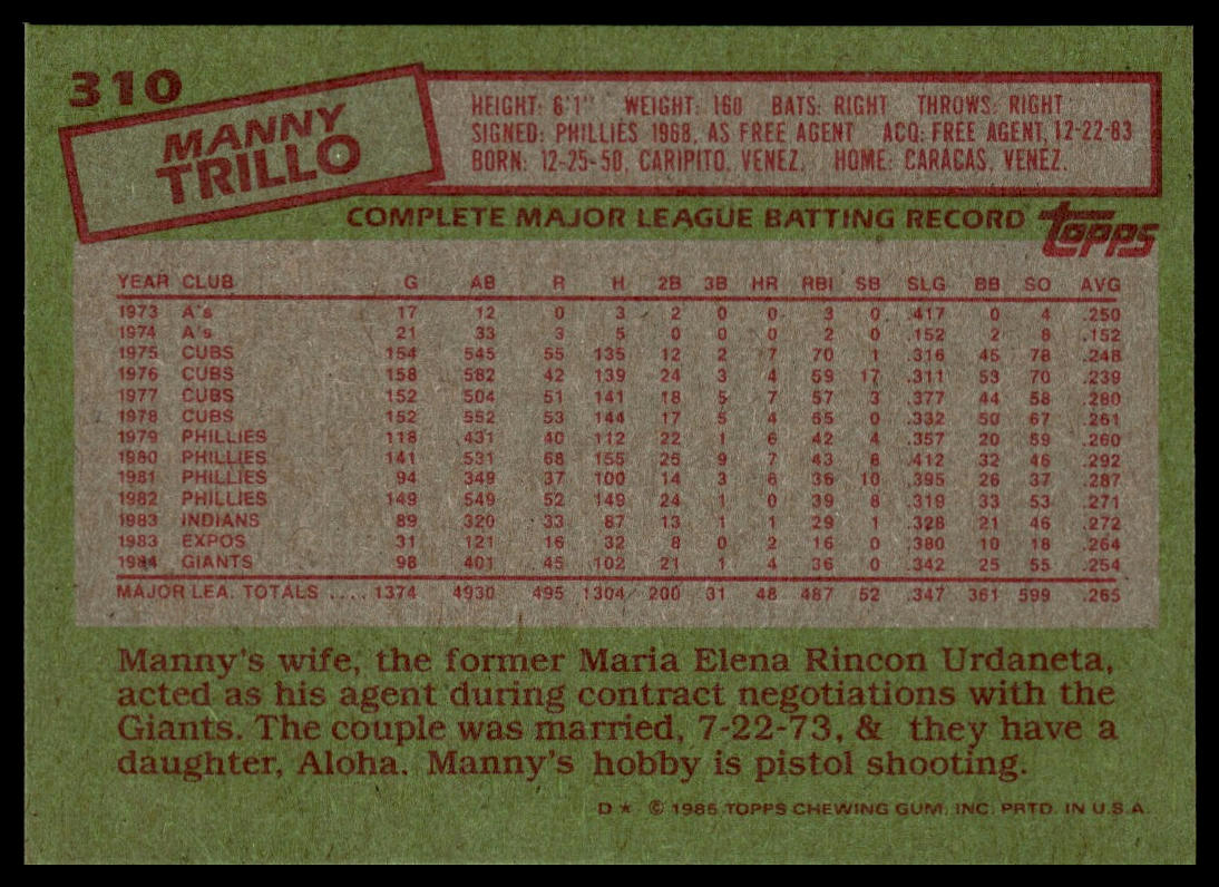 1985 Topps #310 Manny Trillo
