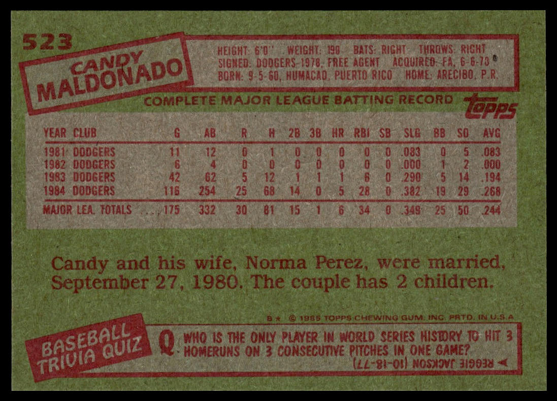1985 Topps #523 Candy Maldonado