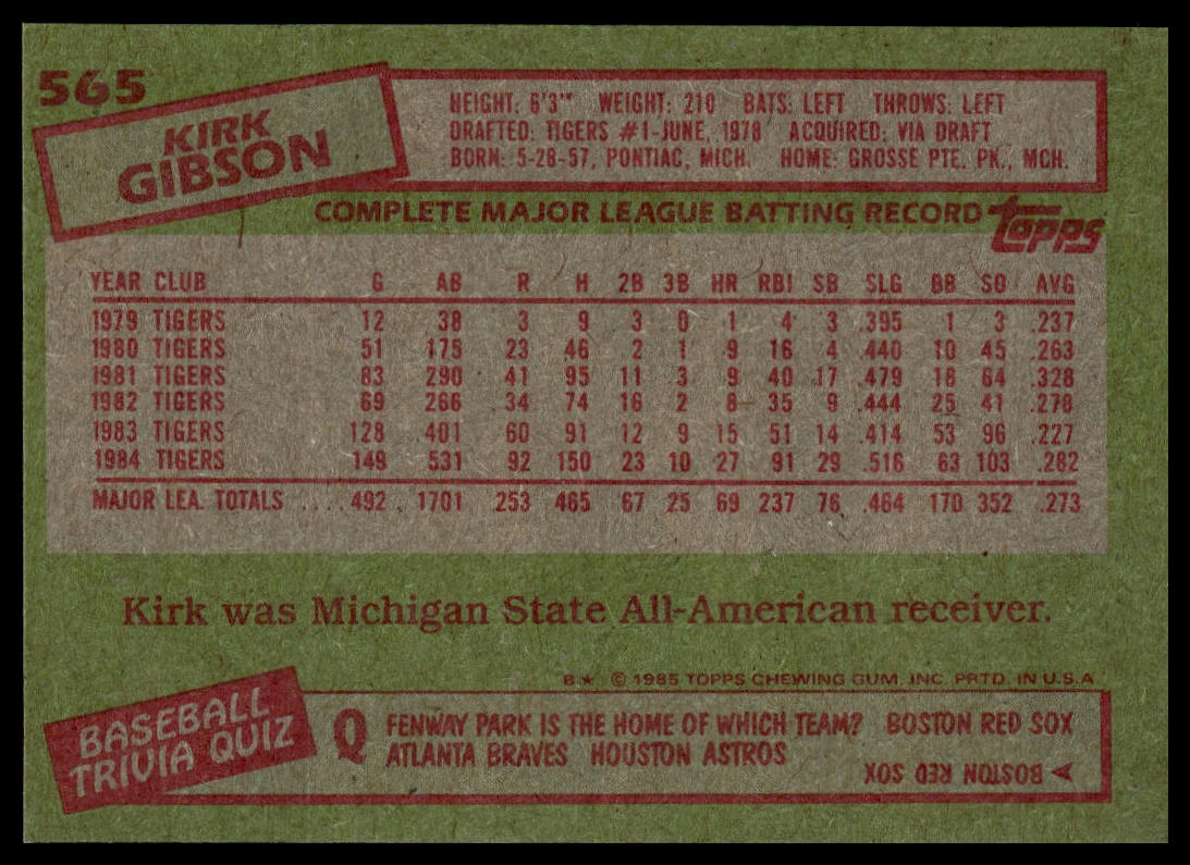 1985 Topps #565 Kirk Gibson
