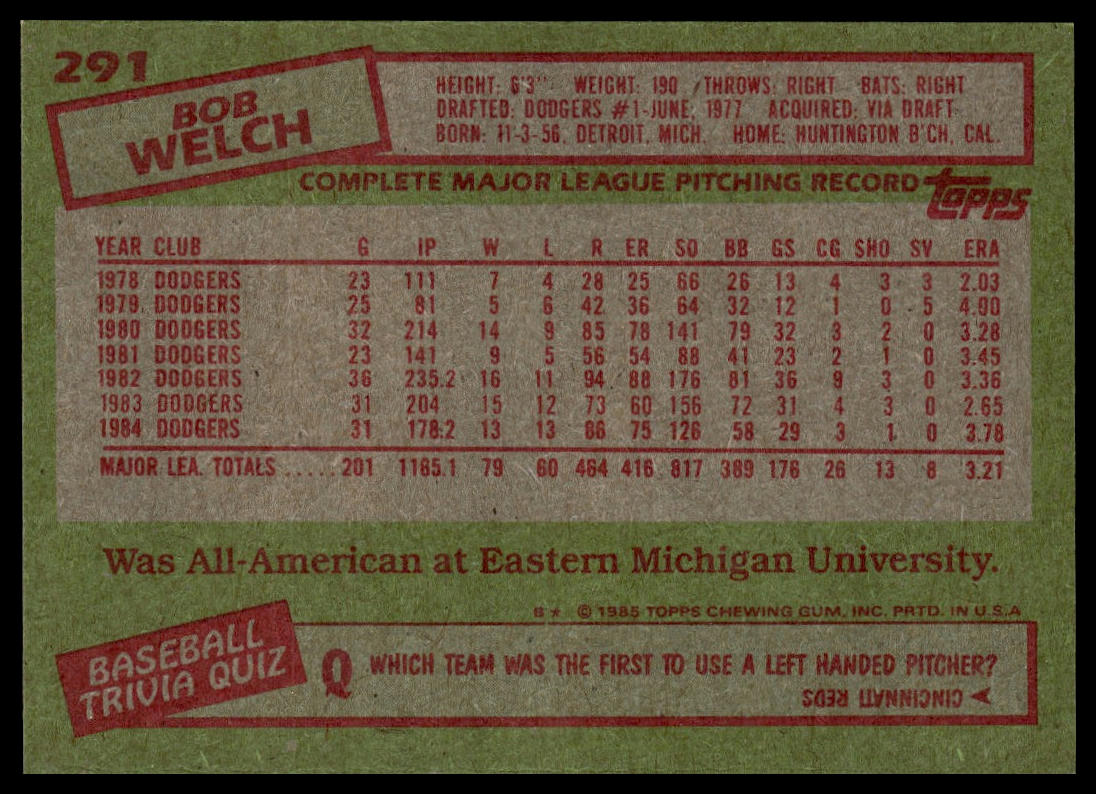 1985 Topps #291 Bob Welch