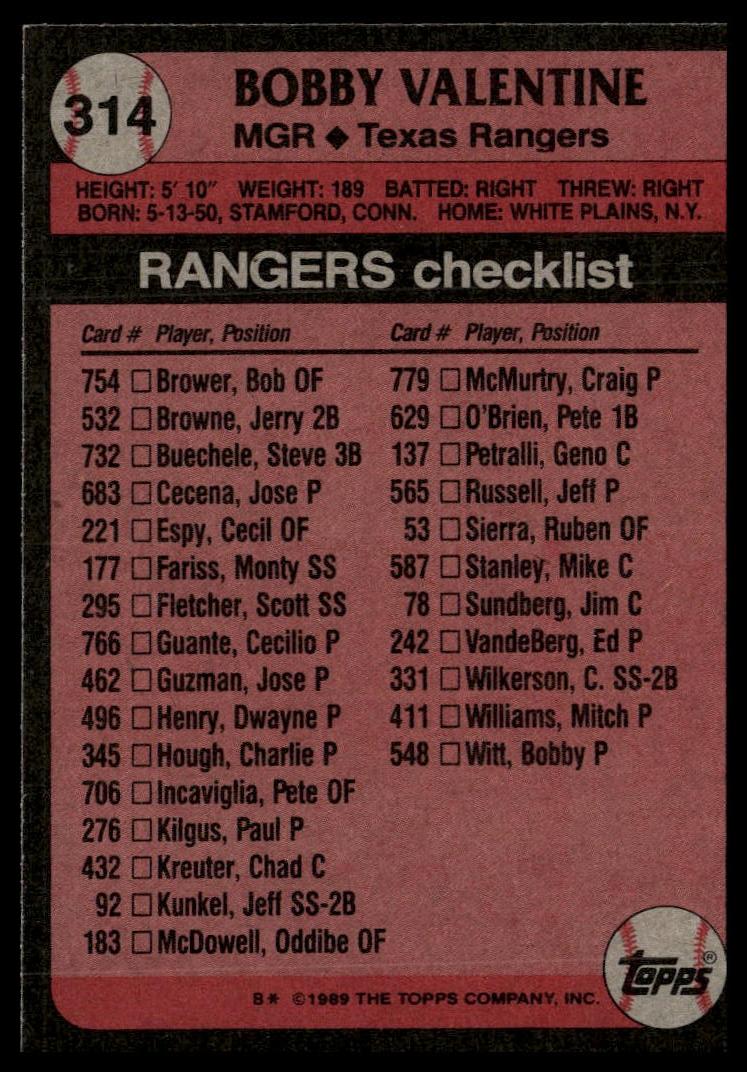 1989 Topps #314 Bobby Valentine