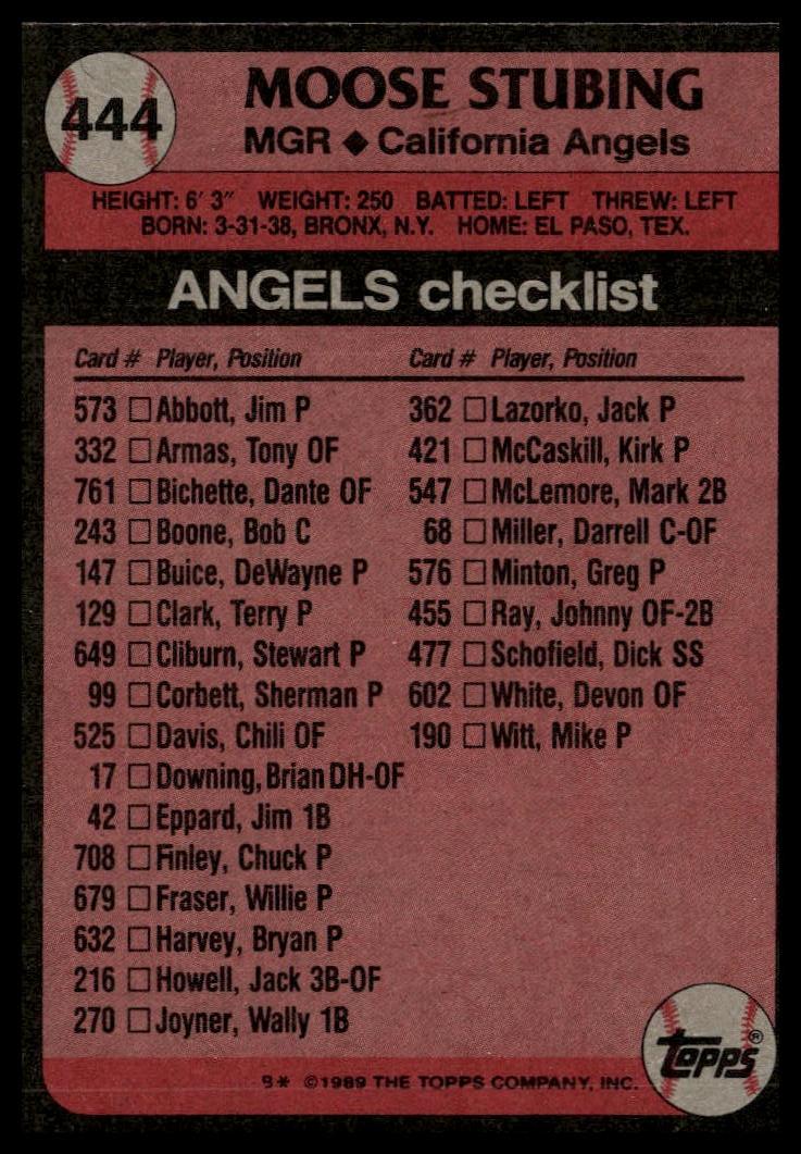 1989 Topps #444 Moose Stubing