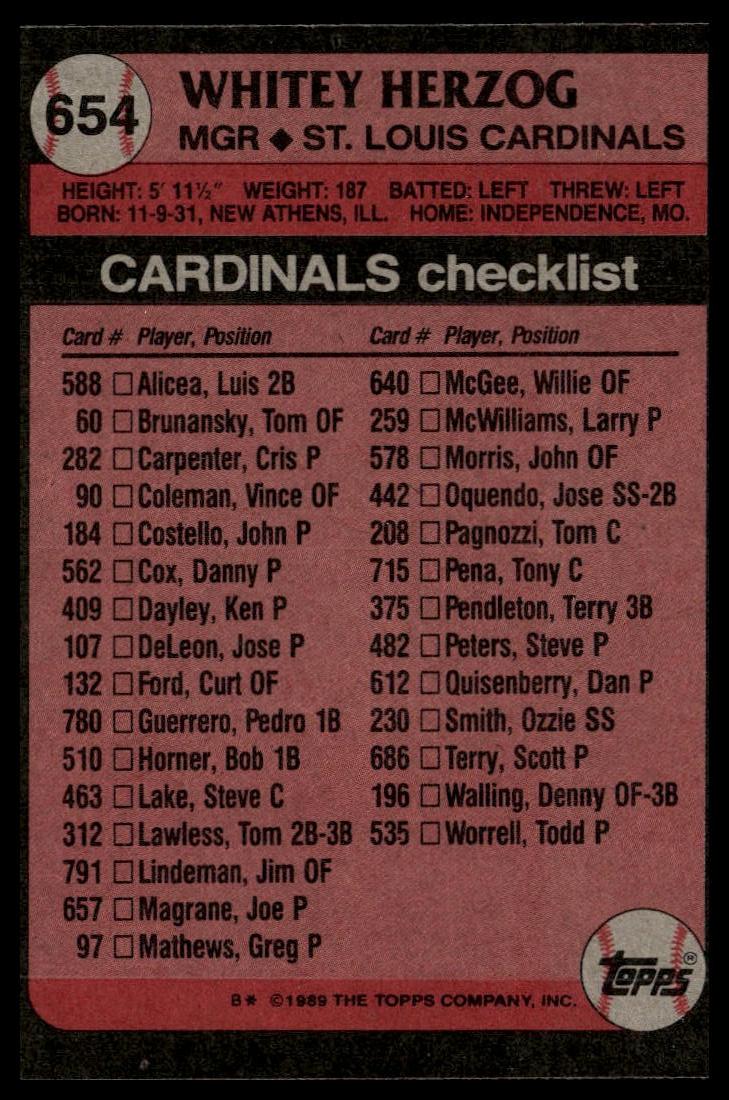 1989 Topps #654 Whitey Herzog