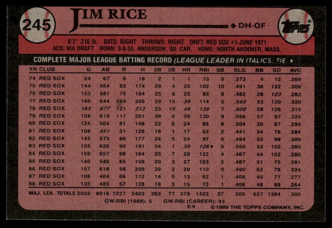 1989 Topps #245 Jim Rice