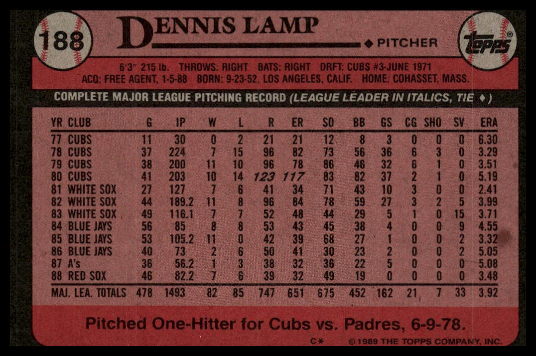 1989 Topps #188 Dennis Lamp