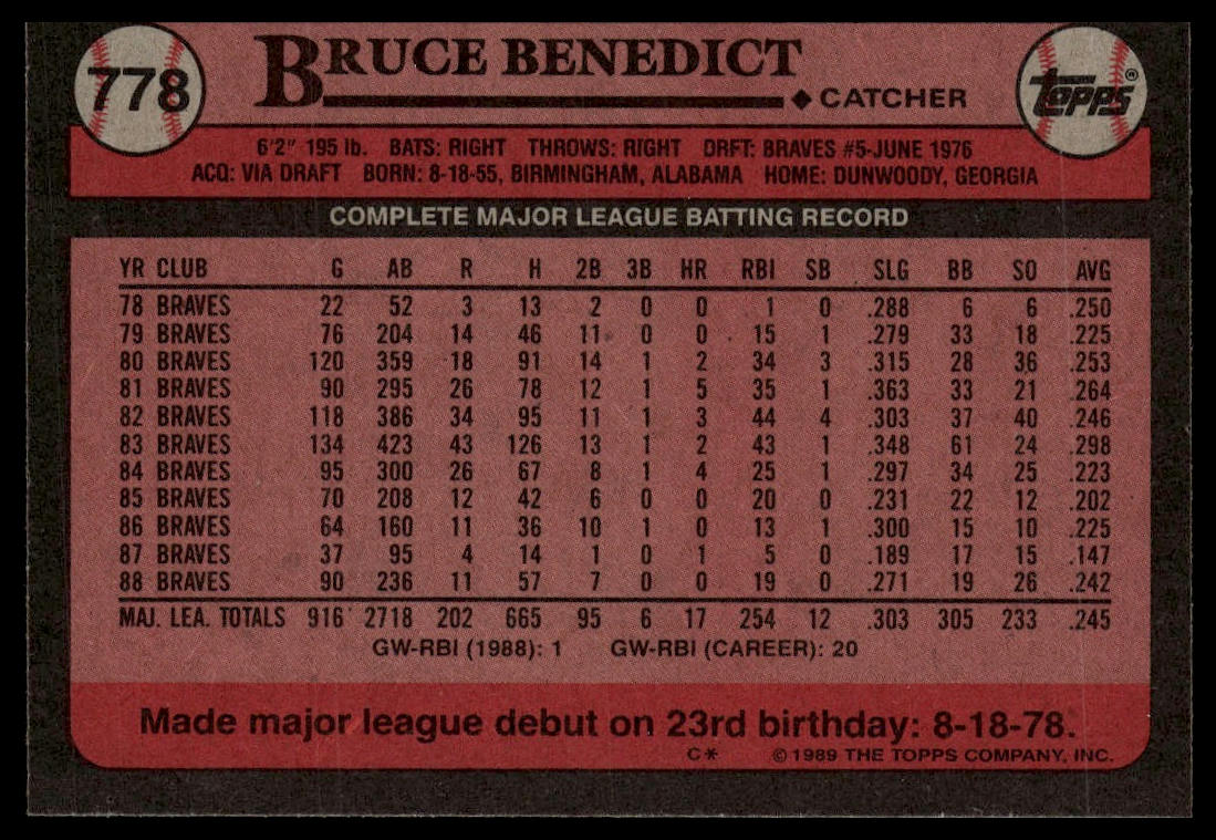 1989 Topps #778 Bruce Benedict