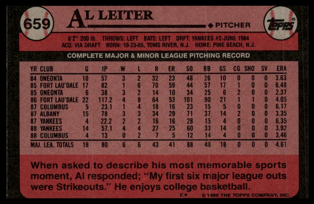 1989 Topps #659 Al Leiter