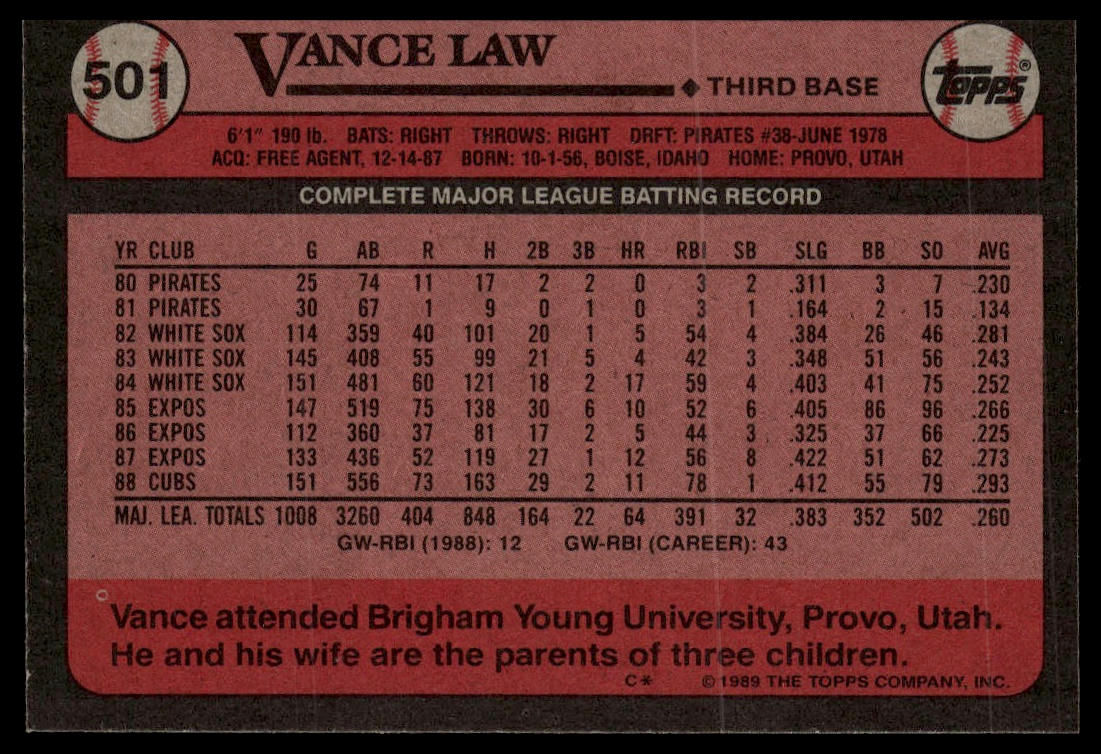 1989 Topps #501 Vance Law