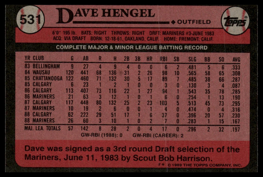 1989 Topps #531 Dave Hengel
