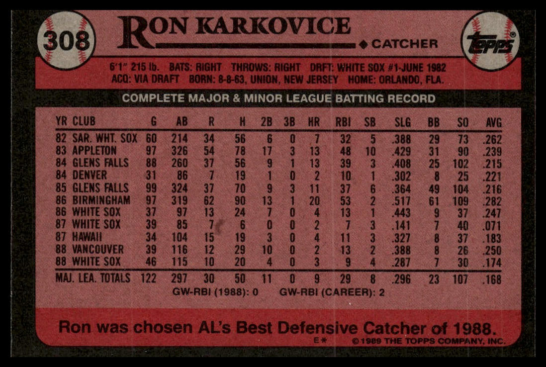 1989 Topps #308 Ron Karkovice