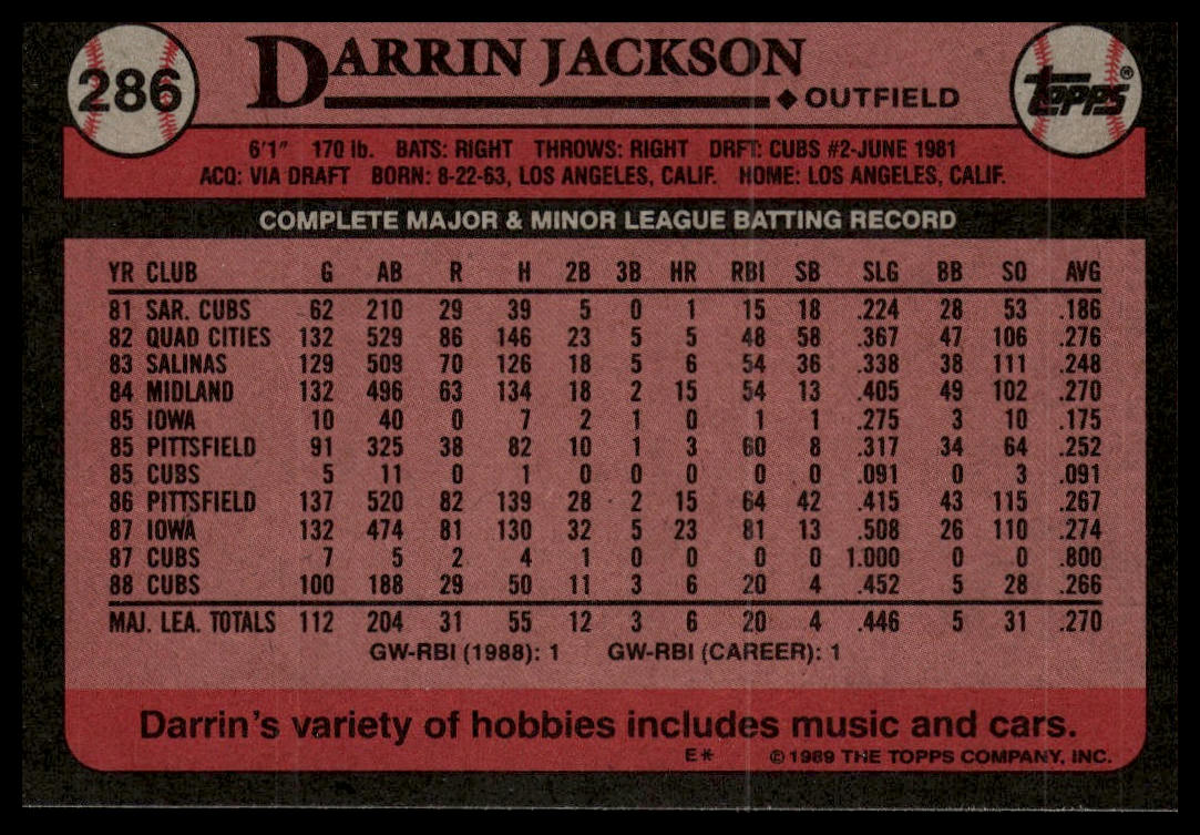 1989 Topps #286 Darrin Jackson