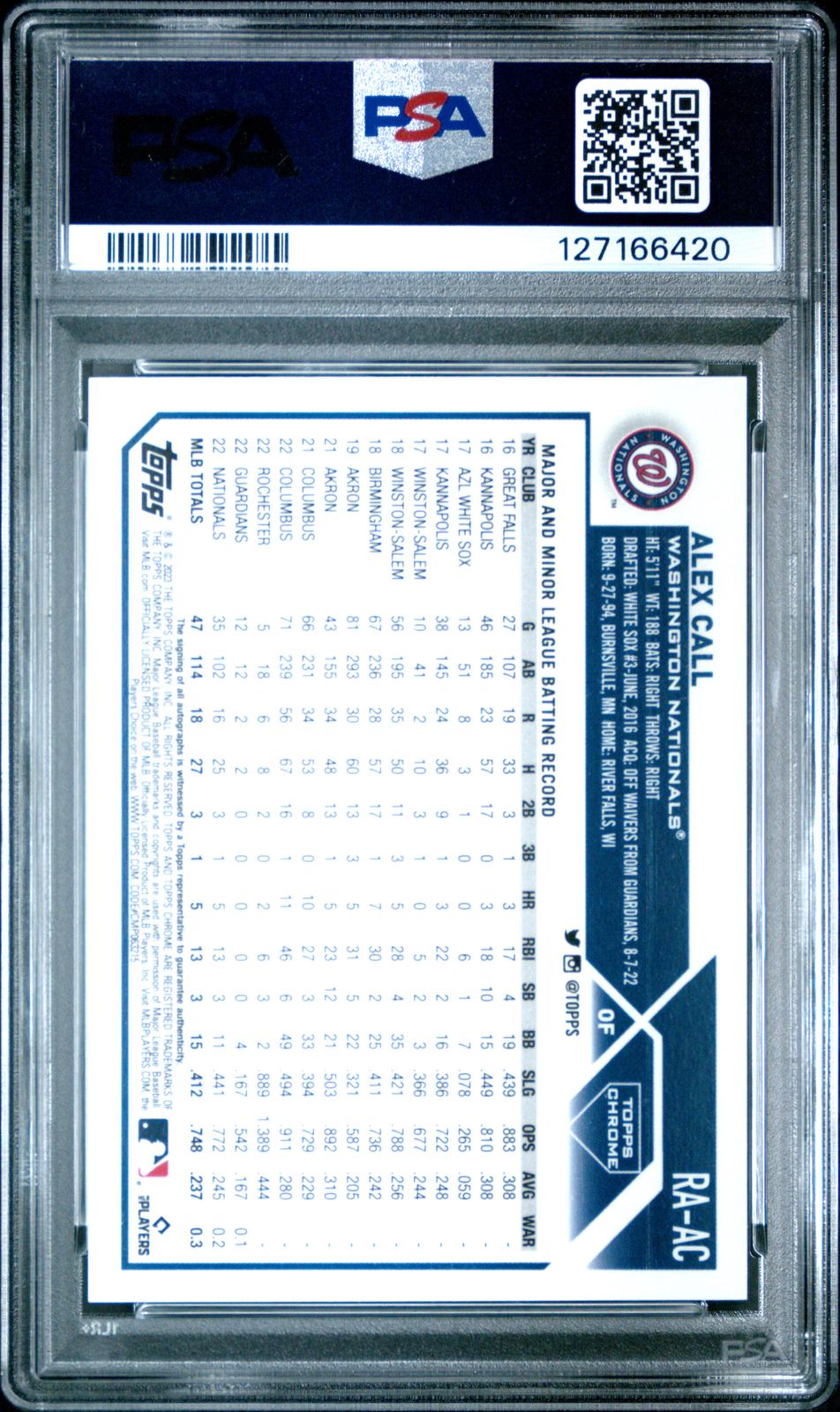 2023 Topps Chrome Rookie Autograph Alex Call #RAAC RC Rookie Au-Blue PSA 10 back