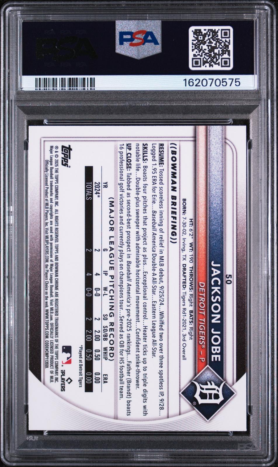 2025 Bowman Jackson Jobe #50 RC Red Rookie Redemption PSA 9 back