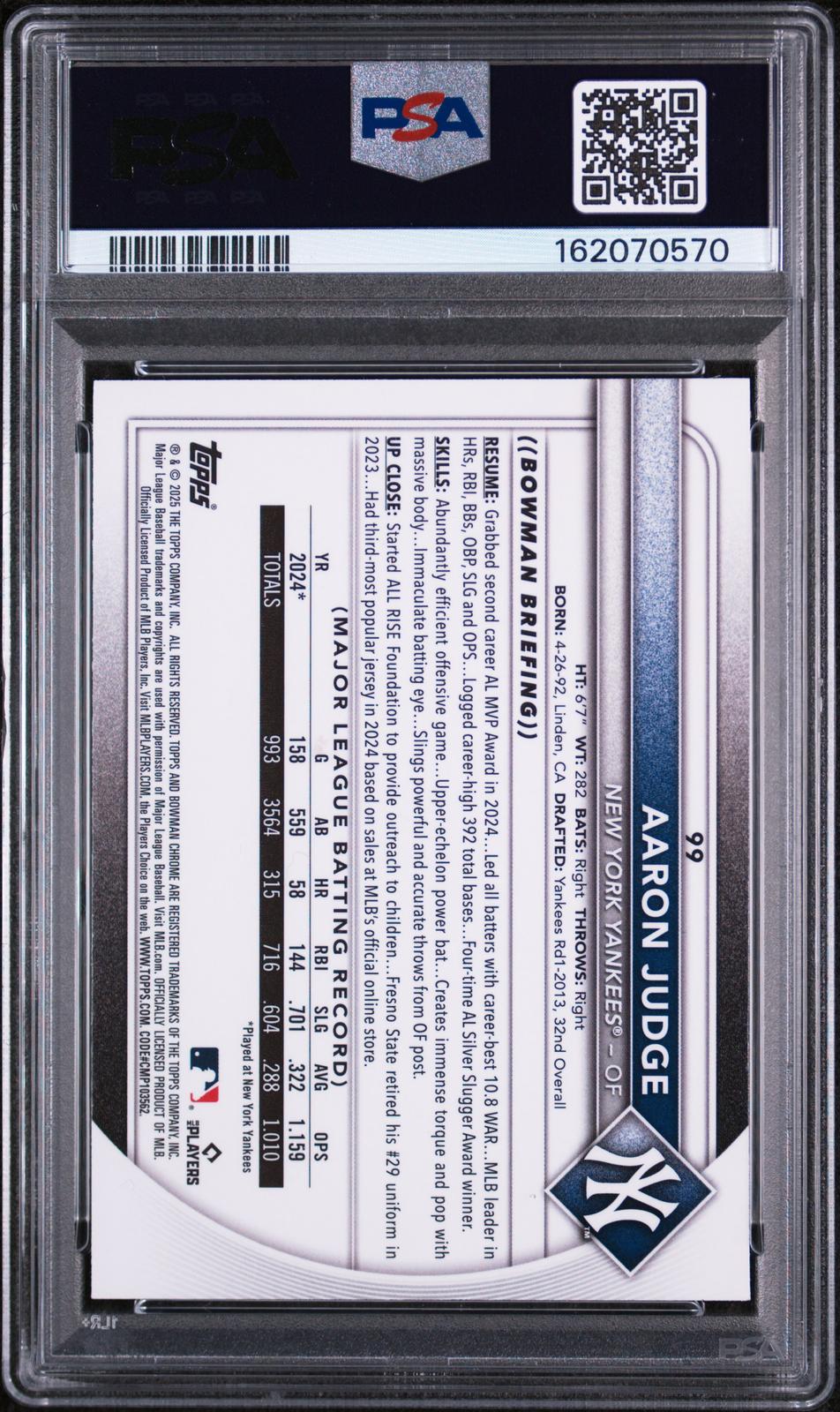 2025 Bowman Mega Box Chrome Aaron Judge #99 Fuchsia Refractor PSA 8 back