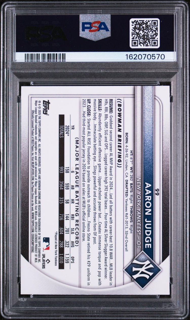 2025 Bowman Mega Box Chrome Aaron Judge #99 Fuchsia Refractor PSA 8 back