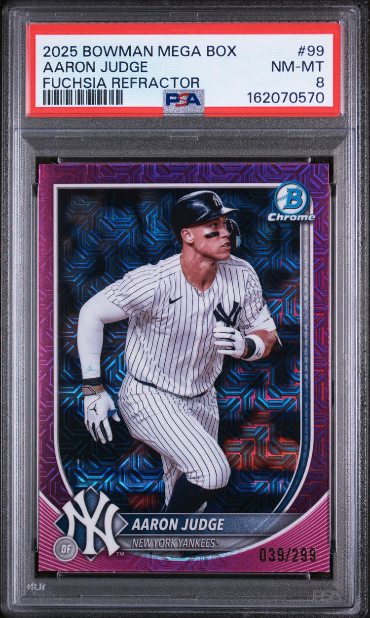 2025 Bowman Mega Box Chrome Aaron Judge #99 Fuchsia Refractor PSA 8 front