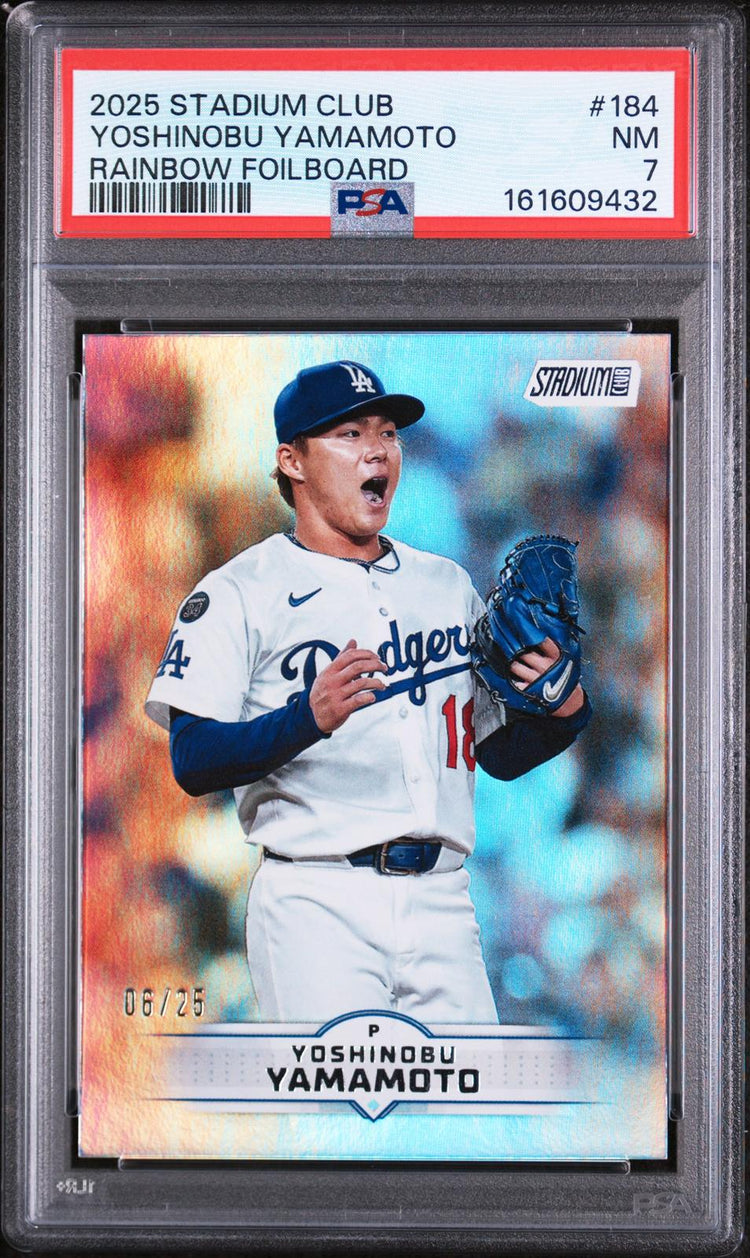 2025 Topps Stadium Club Yoshinobu Yamamoto #184 Rainbow Foilboard PSA 7 front