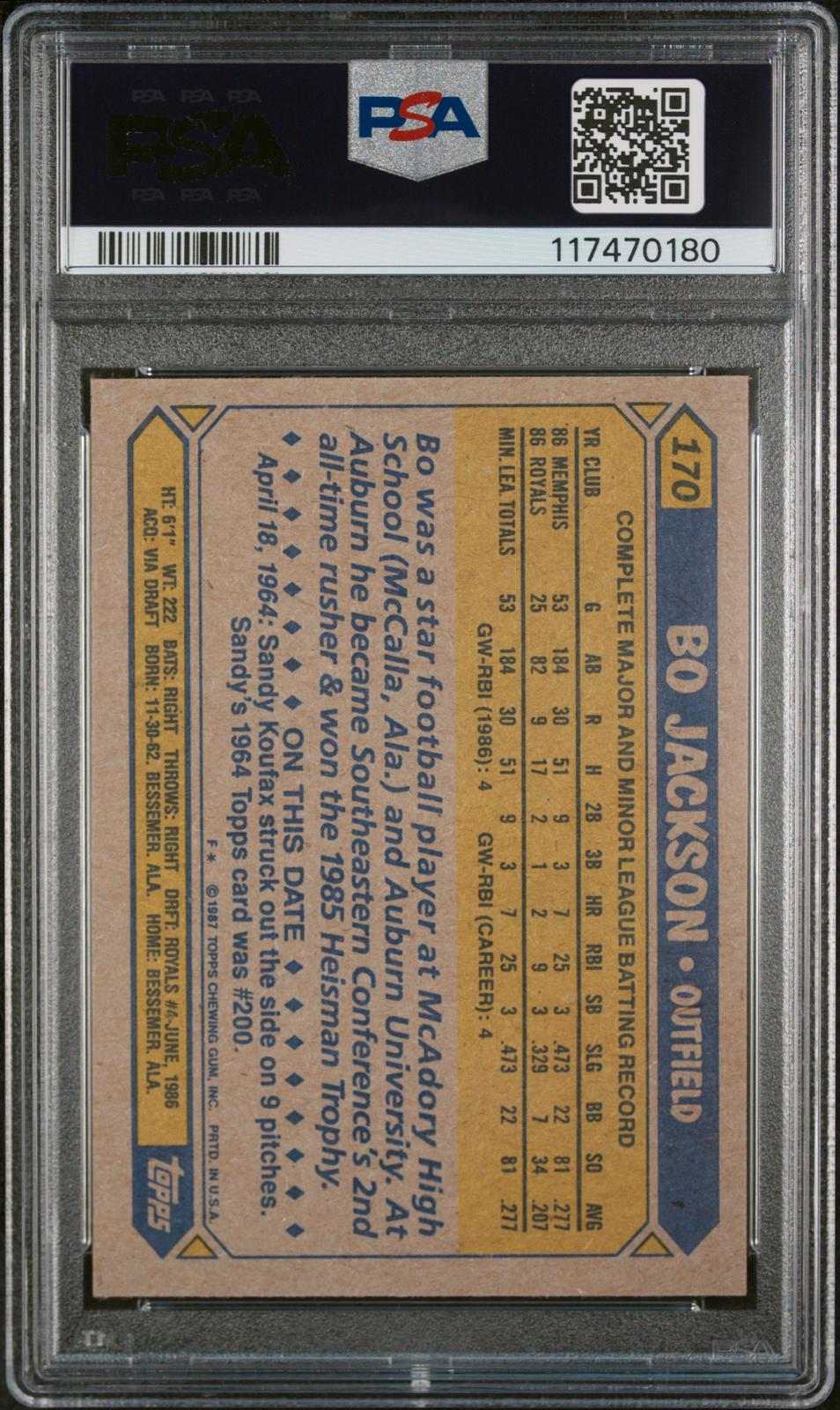 1987 Topps Bo Jackson #170 Future Stars PSA 9 back