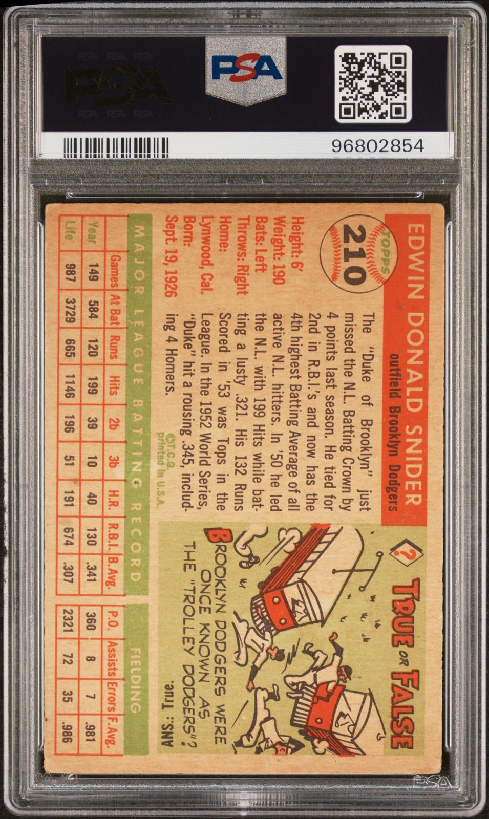 1955 Topps Duke Snider #210 PSA 3 back