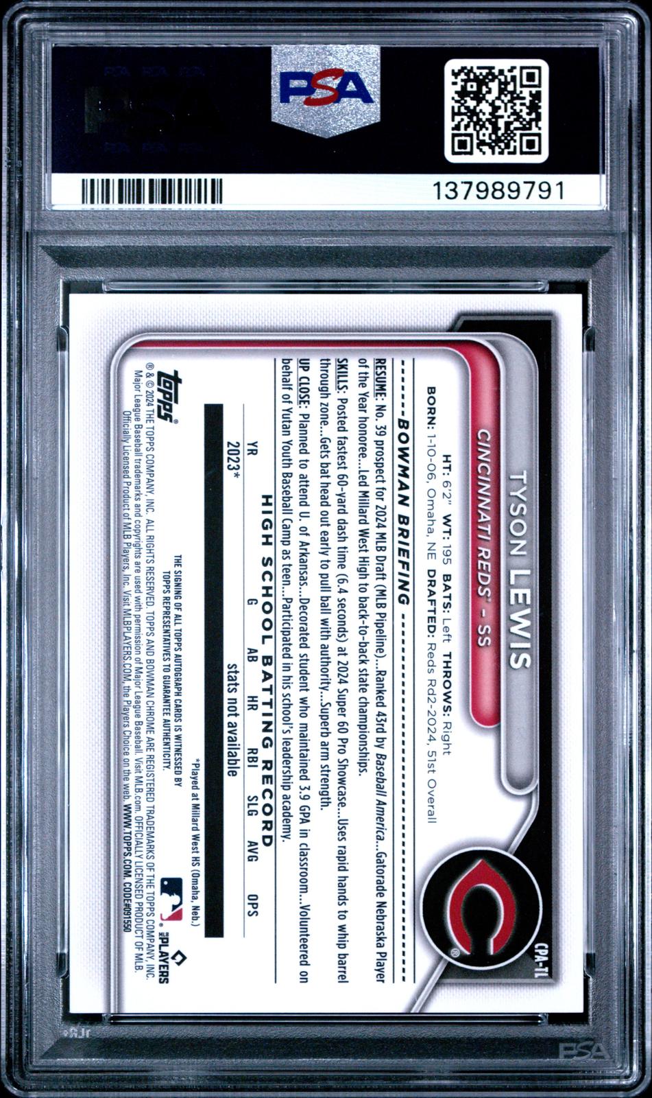2024 Bowman Draft Chrome Prospect Autographs Tyson Lewis #CPATL Prospect PSA 9 back