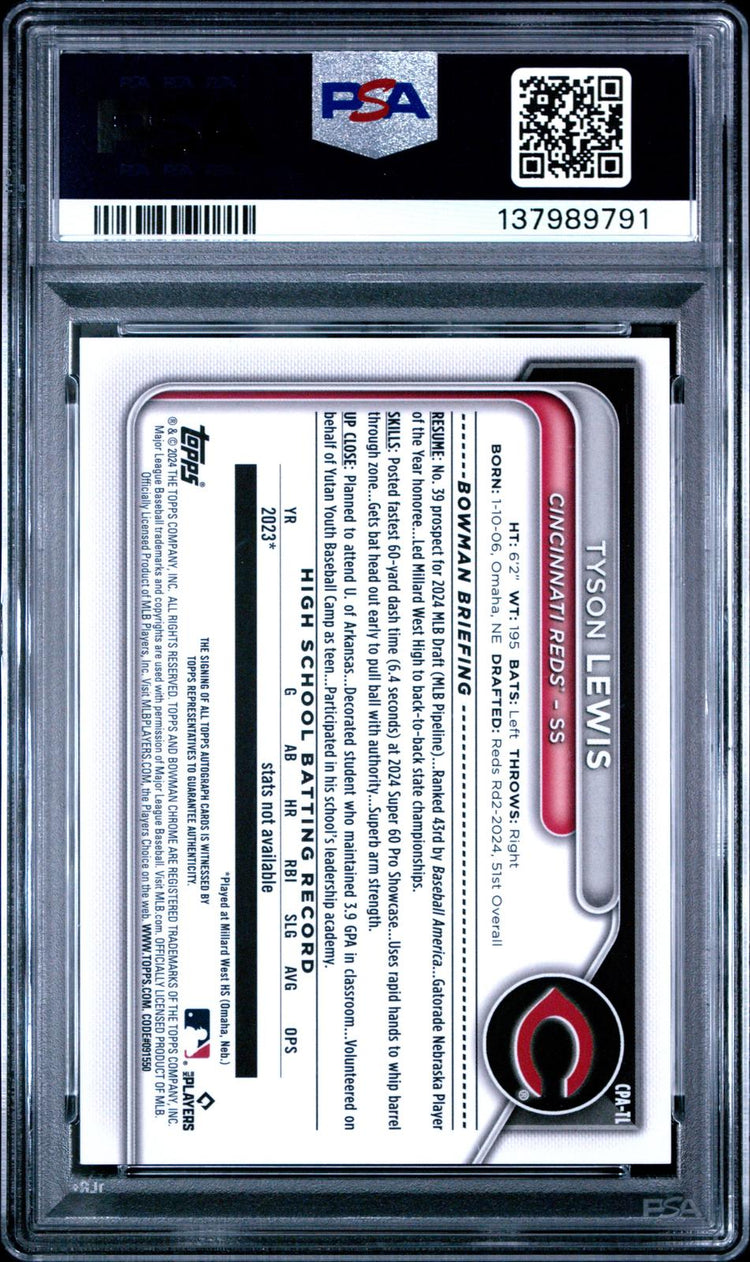 2024 Bowman Draft Chrome Prospect Autographs Tyson Lewis #CPATL Prospect PSA 9 back