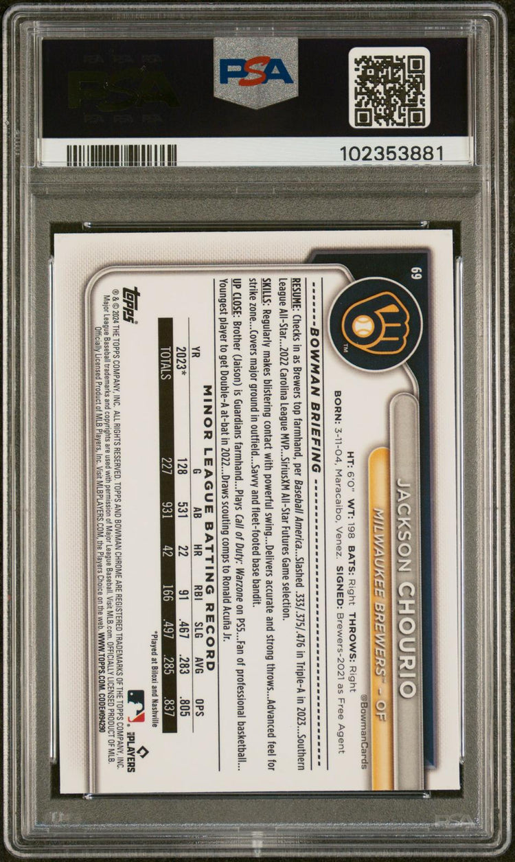 2024 Bowman Chrome Mega Box Jackson Chourio #69 Orange Refractor PSA 9 back
