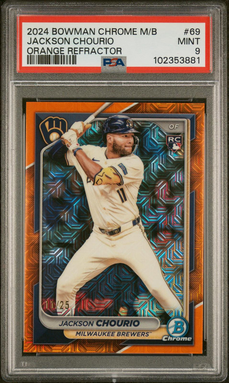 2024 Bowman Chrome Mega Box Jackson Chourio #69 Orange Refractor PSA 9 front