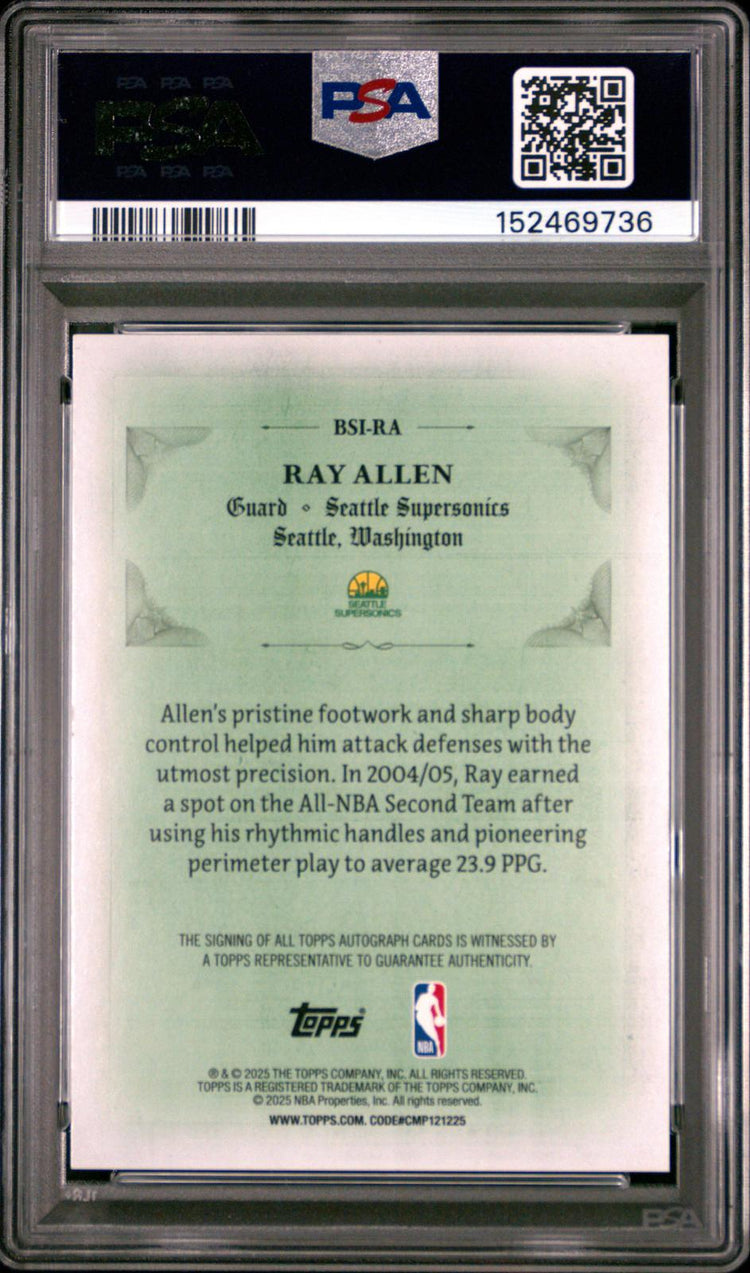 2025 Topps Signed Sealed Ray Allen Orange Holo Foil PSA 10 #BSI-RA back