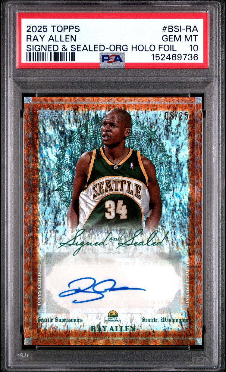 2025 Topps Signed Sealed Ray Allen Orange Holo Foil PSA 10 #BSI-RA front
