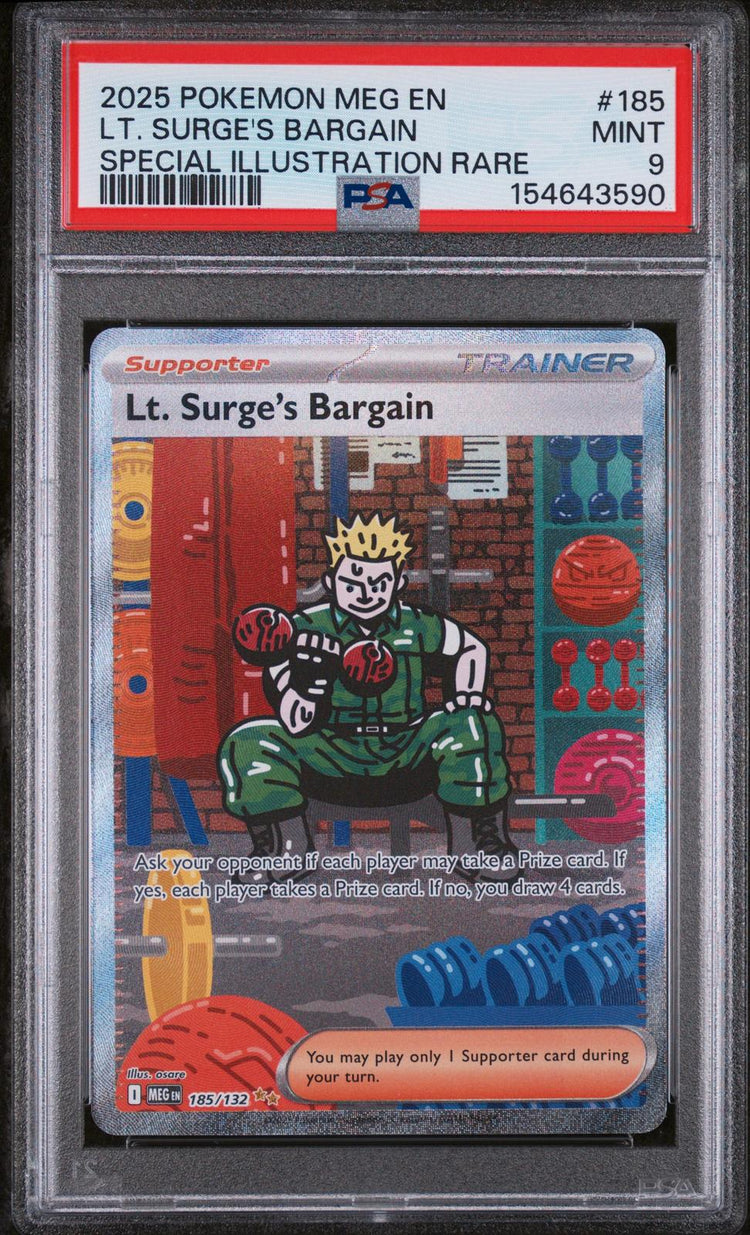 2025 Mega Evolution Lt. Surge's Bargain #185 Special Illustration Rare PSA 9 front