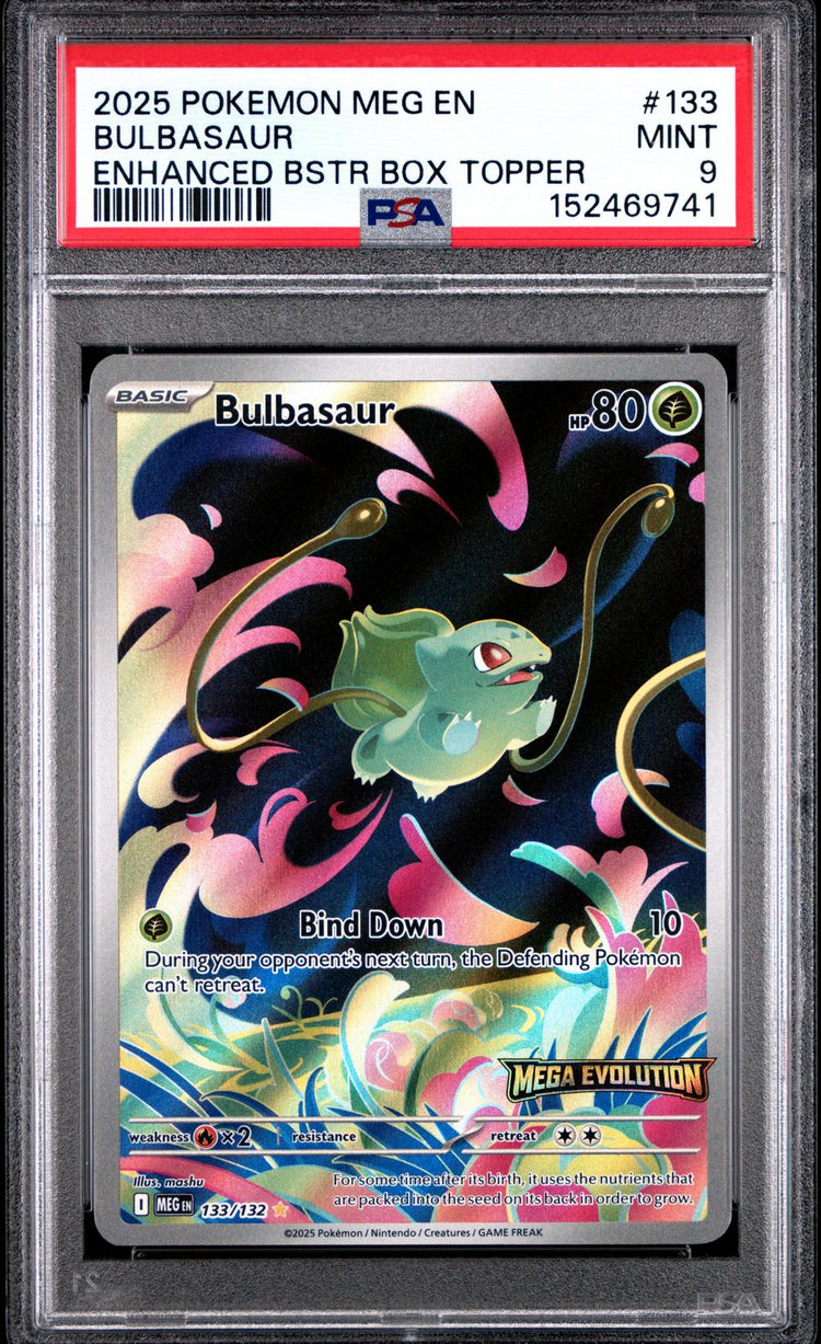 2025 Mega Evolution Bulbasaur #133 Enhanced Box Topper PSA 9 front