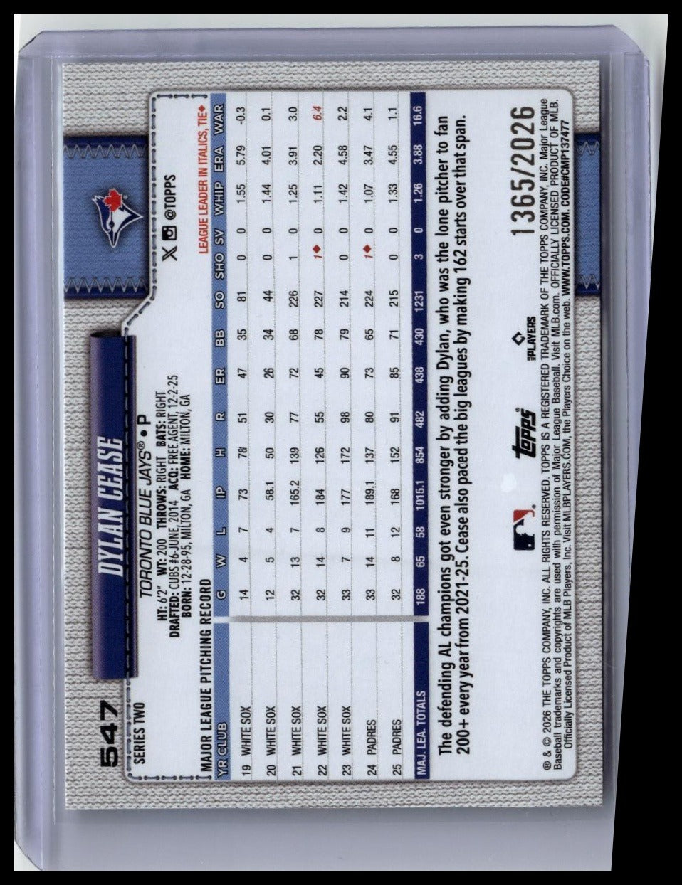 2026 Topps #547 Dylan Cease Black Border #/75 back