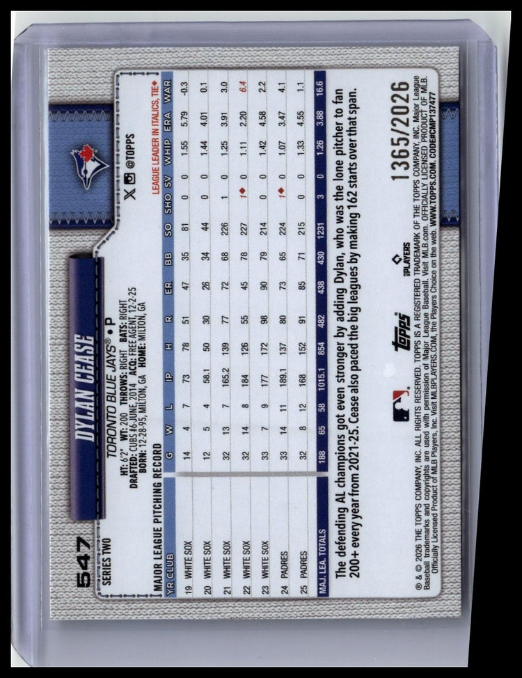 2026 Topps #547 Dylan Cease Black Border #/75 back
