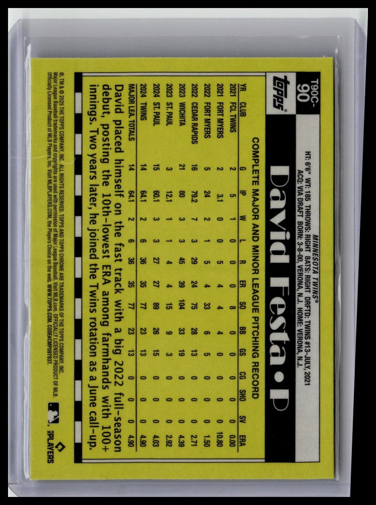 2025 Topps #T90C-90 David Festa 1990 Topps Baseball 35th Anniversary #/150 back