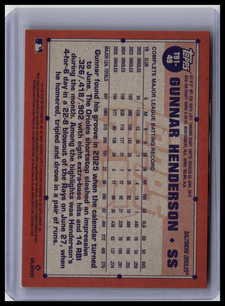 2026 Topps #91O-10 Gunnar Henderson Oversized 1991 Topps Baseball back